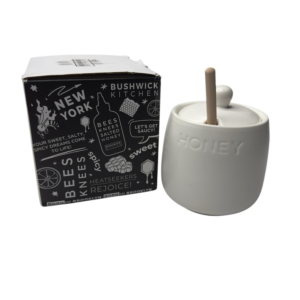Bushwick Kitchen Honey Pot + Dipper Ceramic Jar & Lid with Wood Dipper 14oz NIB
